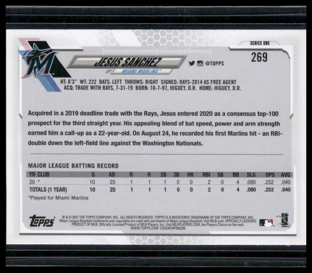 Jesus Sanchez #269 Rookie 2021 Topps Miami Marlins Image Variation Holding Bat