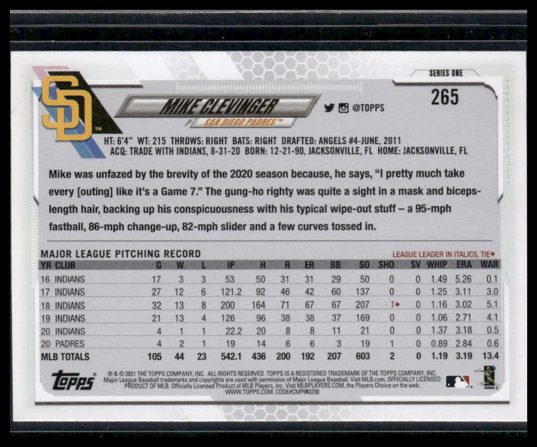 Mike Clevinger #265 2021 Topps San Diego Padres Image Variation Skateboard