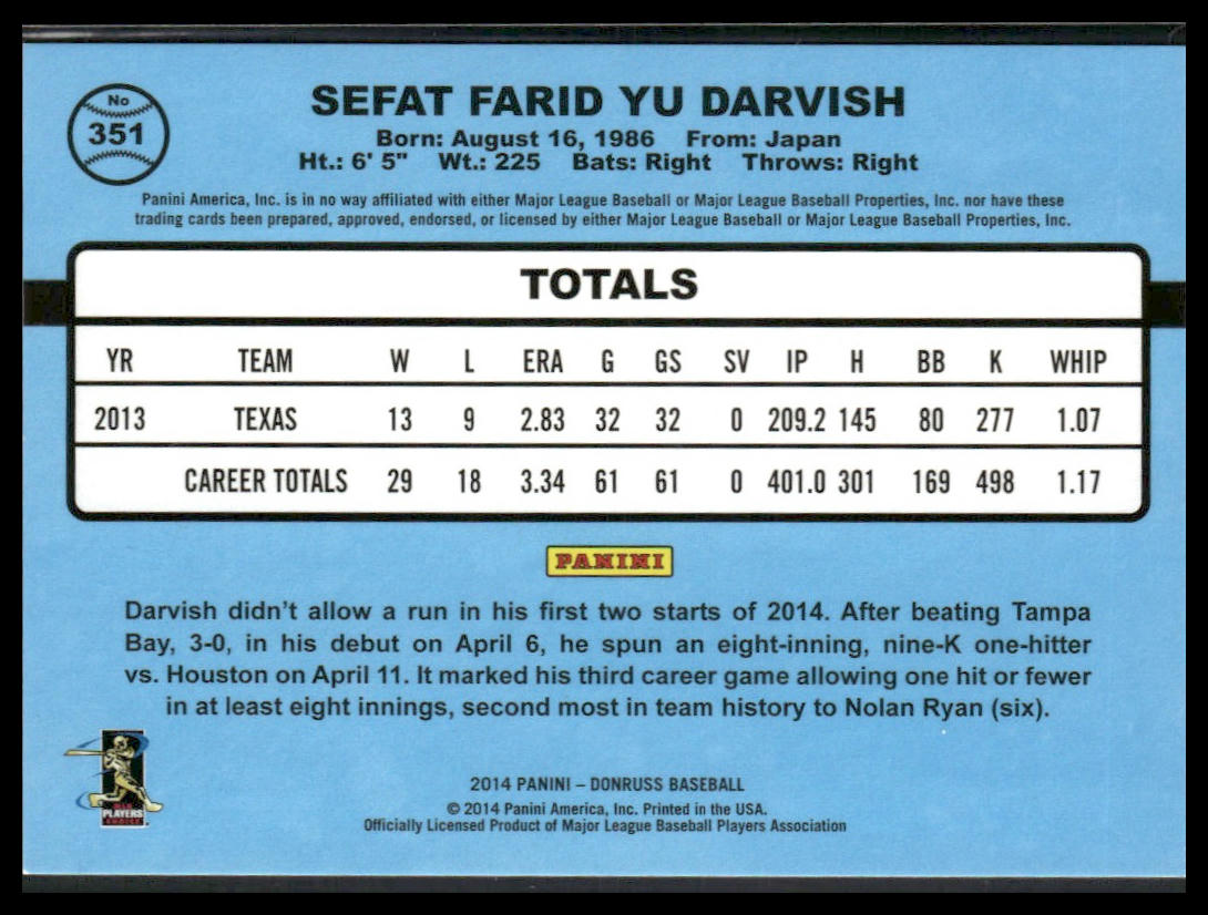 Yu Darvish #351 2014 Donruss Press Proofs Silver #/199 Texas Rangers