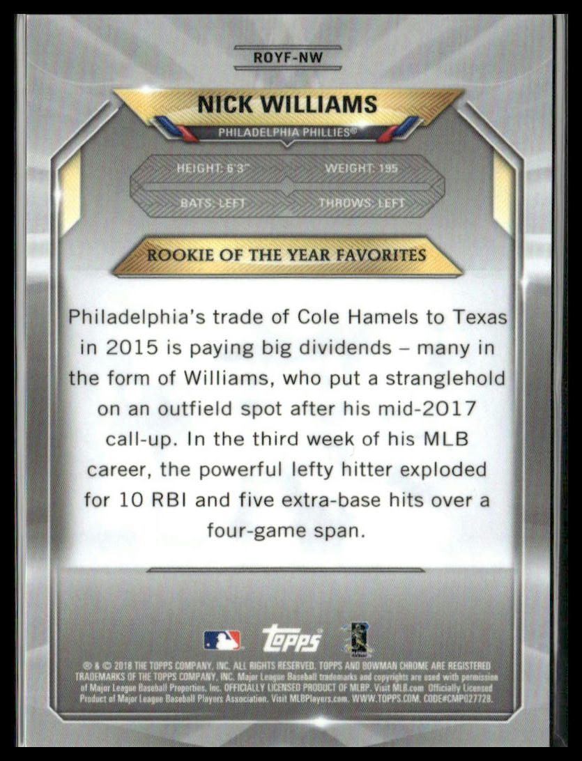 Nick Williams #ROYF-NW 2018 Bowman Chrome Green Mojo #/99 Philadelphia Phillies