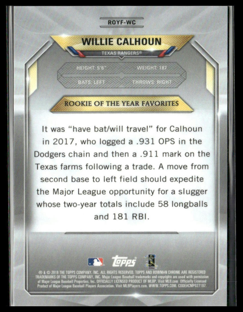 Willie Calhoun #ROYF-WC 2018 Bowman Chrome Rookie Atomic Texas Rangers