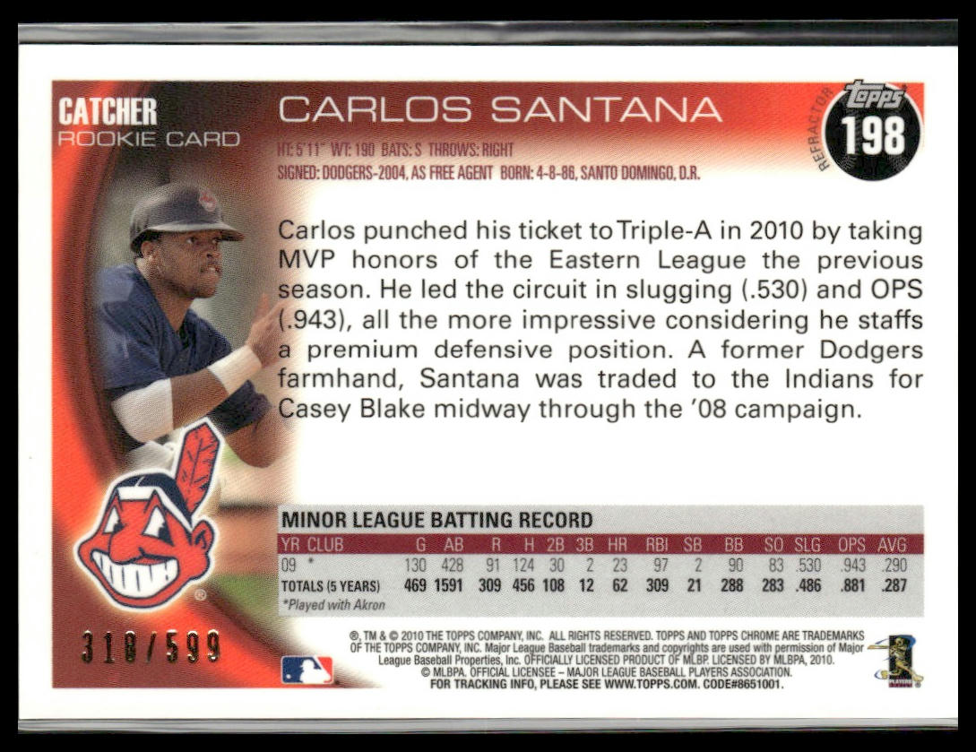 Carlos Santana #198 Rookie 2010 Topps Chrome Purple Refractors #/599 Indians