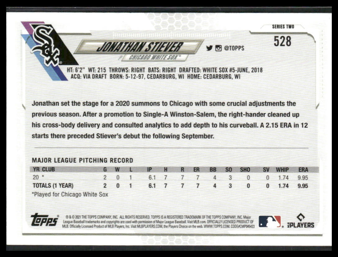 Jonathan Stiever #528 2021 Topps Rainbow Foil Chicago White Sox