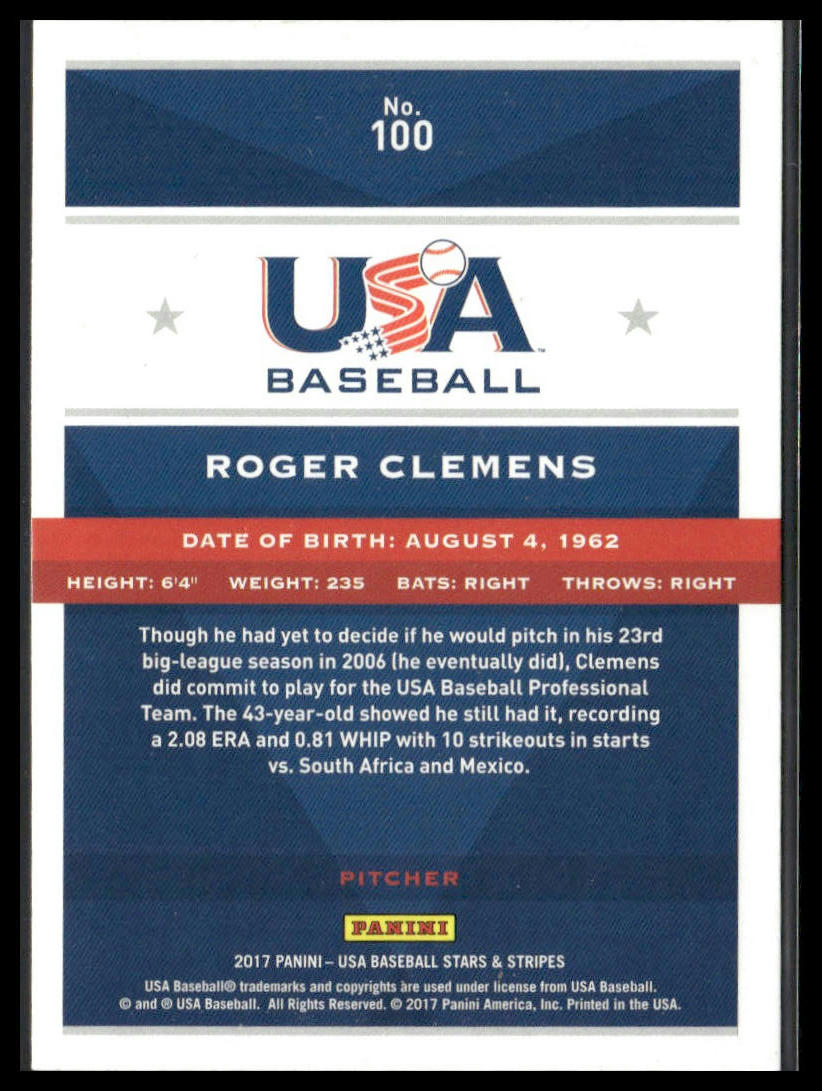 Roger Clemens #100 2017 Panini Stars & Stripes USA Baseball