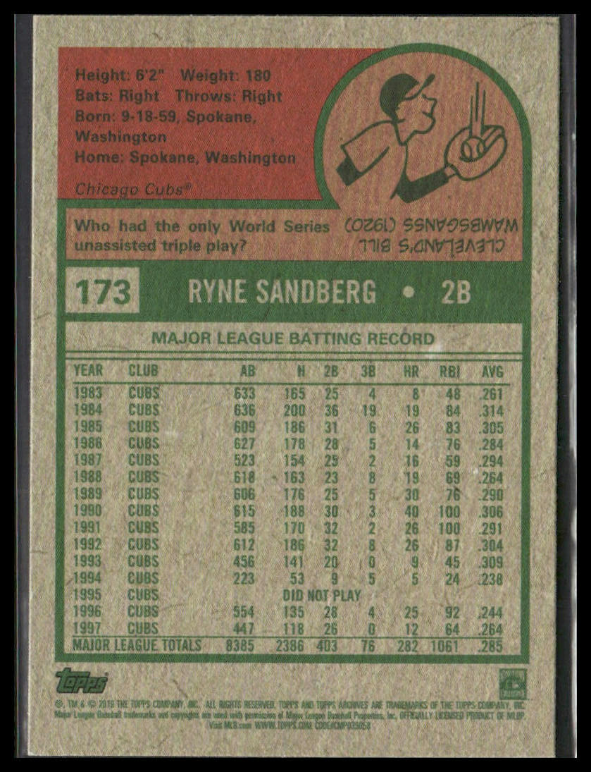 Ryne Sandberg #173 2019 Topps Archives Chicago Cubs