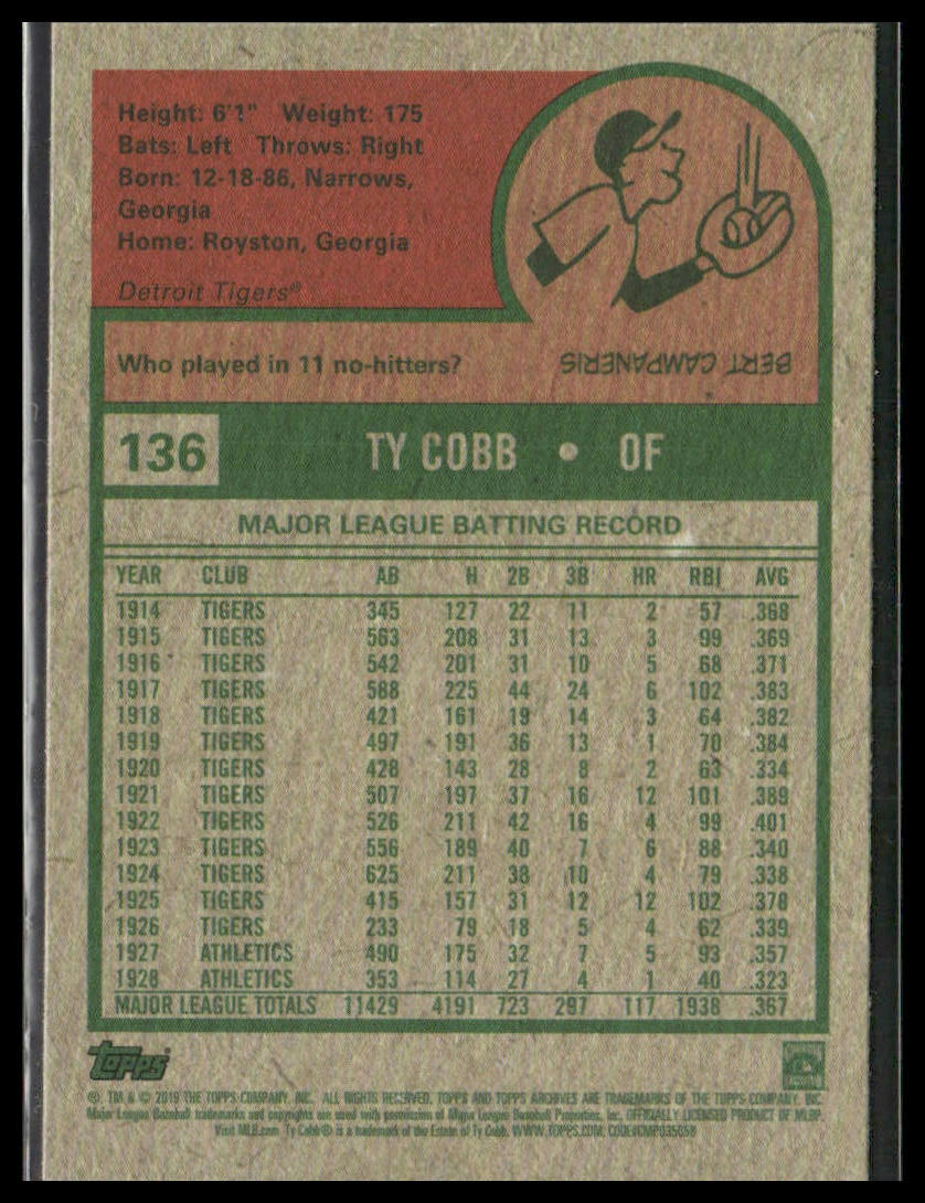 Ty Cobb #136 2019 Topps Archives Detroit Tigers