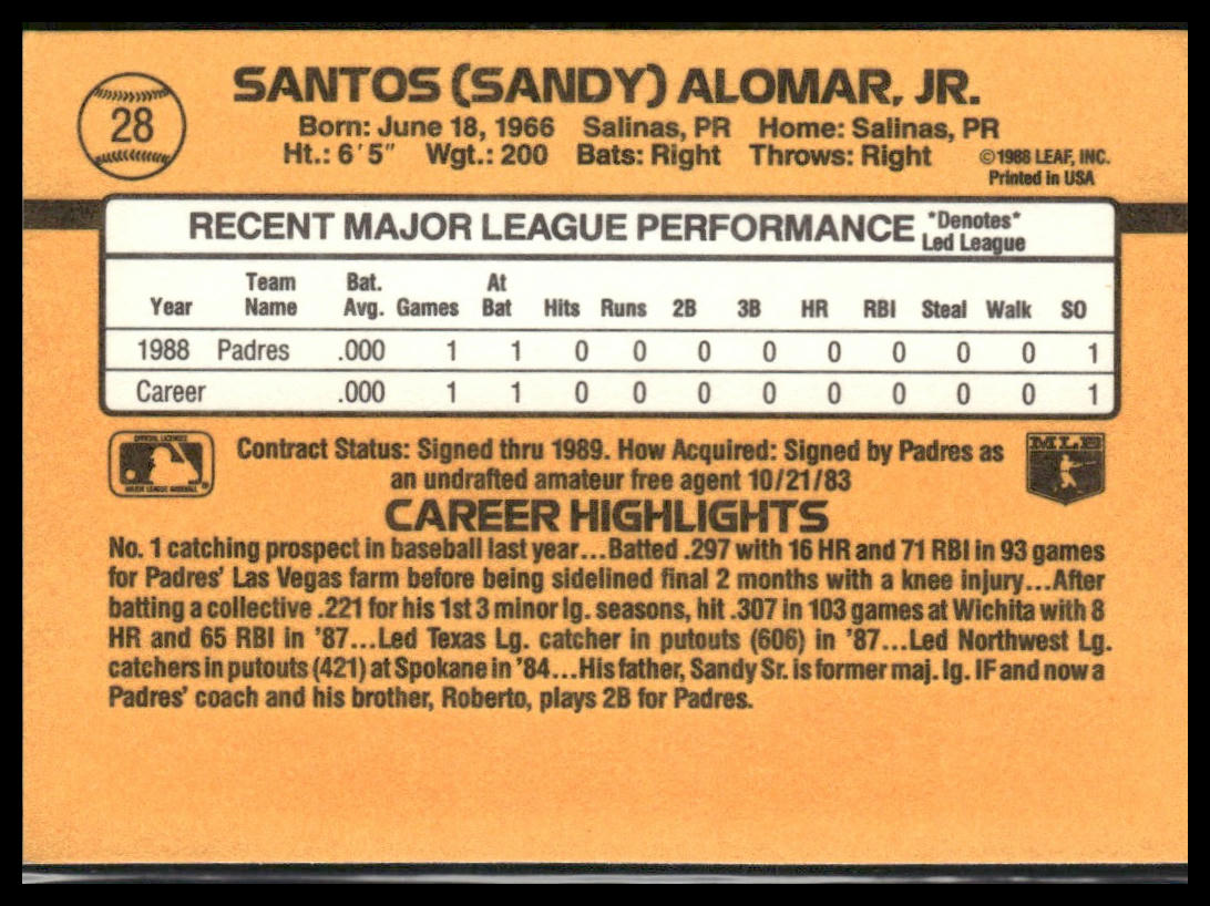 Sandy Alomar Jr. #28 Rookie 1989 Donruss San Diego Padres