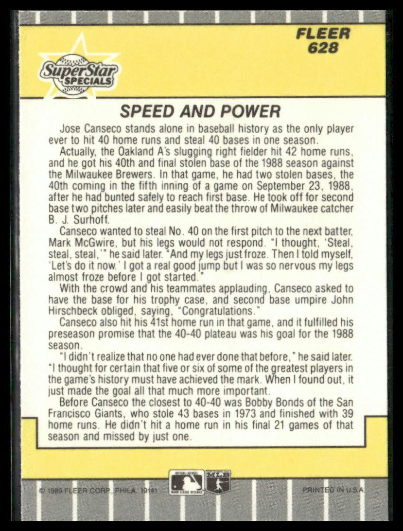 Speed and Power (Jose Canseco) #628 1989 Fleer Oakland Athletics