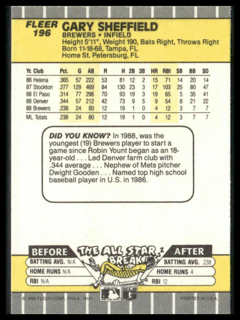 Gary Sheffield #196 Rookie 1989 Fleer Milwaukee Brewers