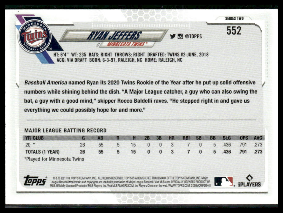 Ryan Jeffers #552 Rookie 2021 Topps Minnesota Twins Image Variation SP
