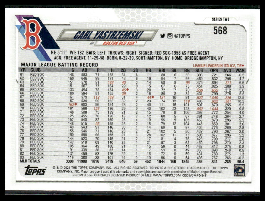 Carl Yastrzemski #568 2021 Topps Boston Red Sox Legend Variation SP