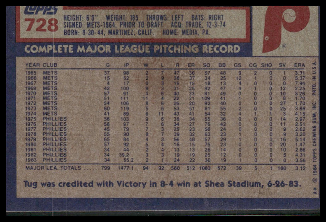 Tug McGraw #728 1984 Topps Philadelphia Phillies
