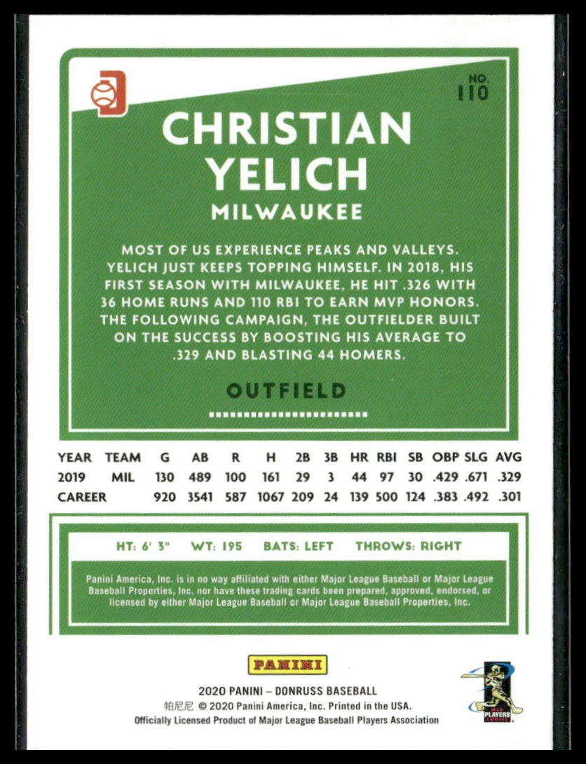 Christian Yelich "Yeli" #110 2020 Donruss Milwaukee Brewers