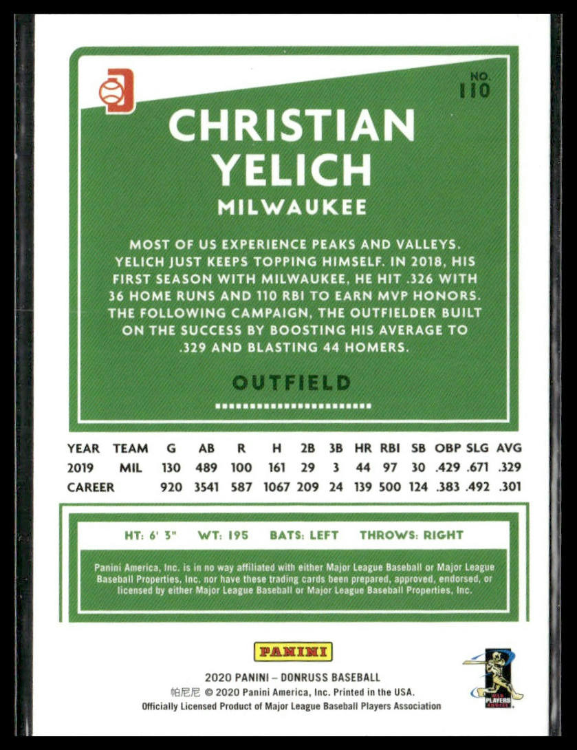 Christian Yelich "Yeli" #110 2020 Donruss Holo Orange Milwaukee Brewers