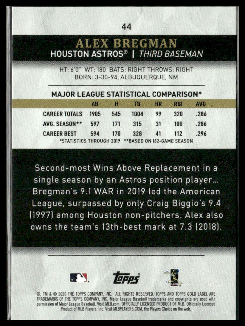 Alex Bregman #44 2020 Topps Gold Label Class 1 Blue #/150 Houston Astros
