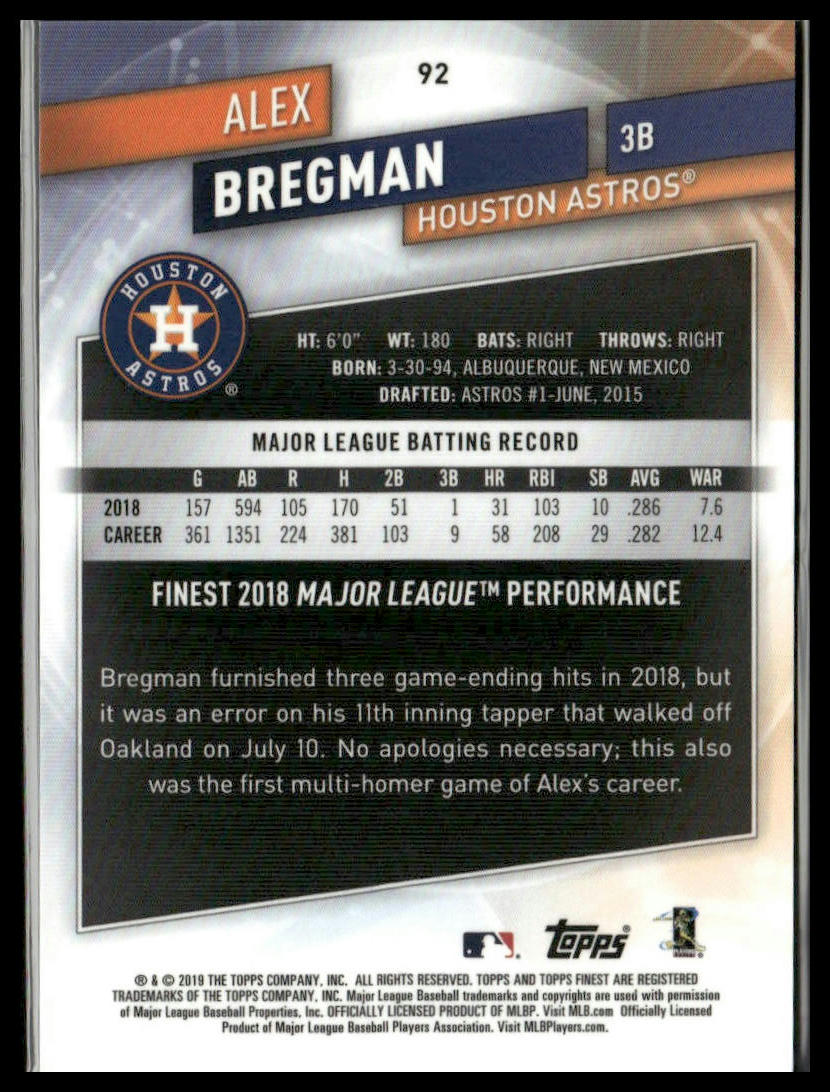 Alex Bregman #92 2019 Finest Blue Refractor #/150 Houston Astros
