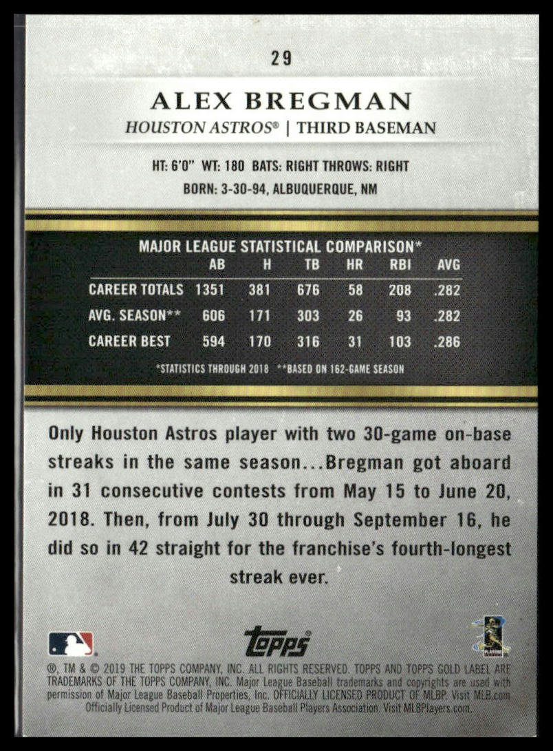 Alex Bregman #29 2019 Topps Gold Label Class 2 Blue #/99 Houston Astros
