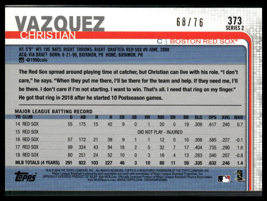 Christian Vazquez #373 2019 Topps Independence Day #/76 Boston Red Sox