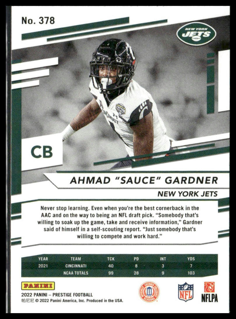 Ahmad "Sauce" Gardner #378 Rookie 2022 Panini Prestige New York Jets