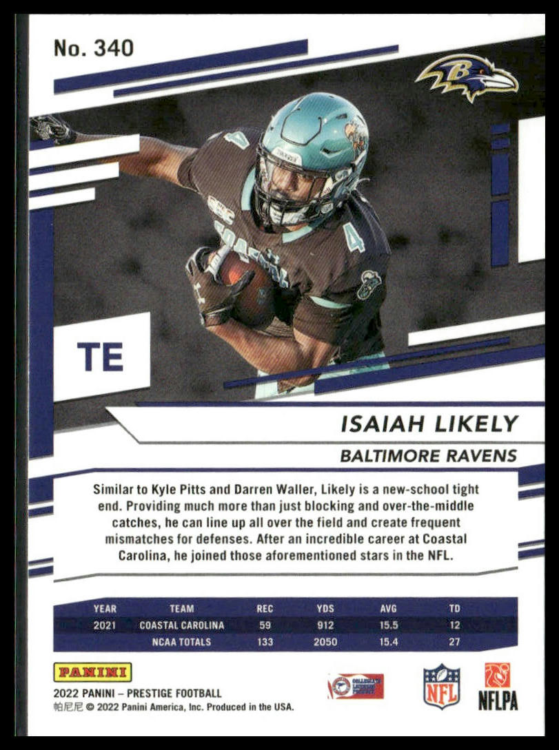 Isaiah Likely #340 Rookie 2022 Panini Prestige Baltimore Ravens