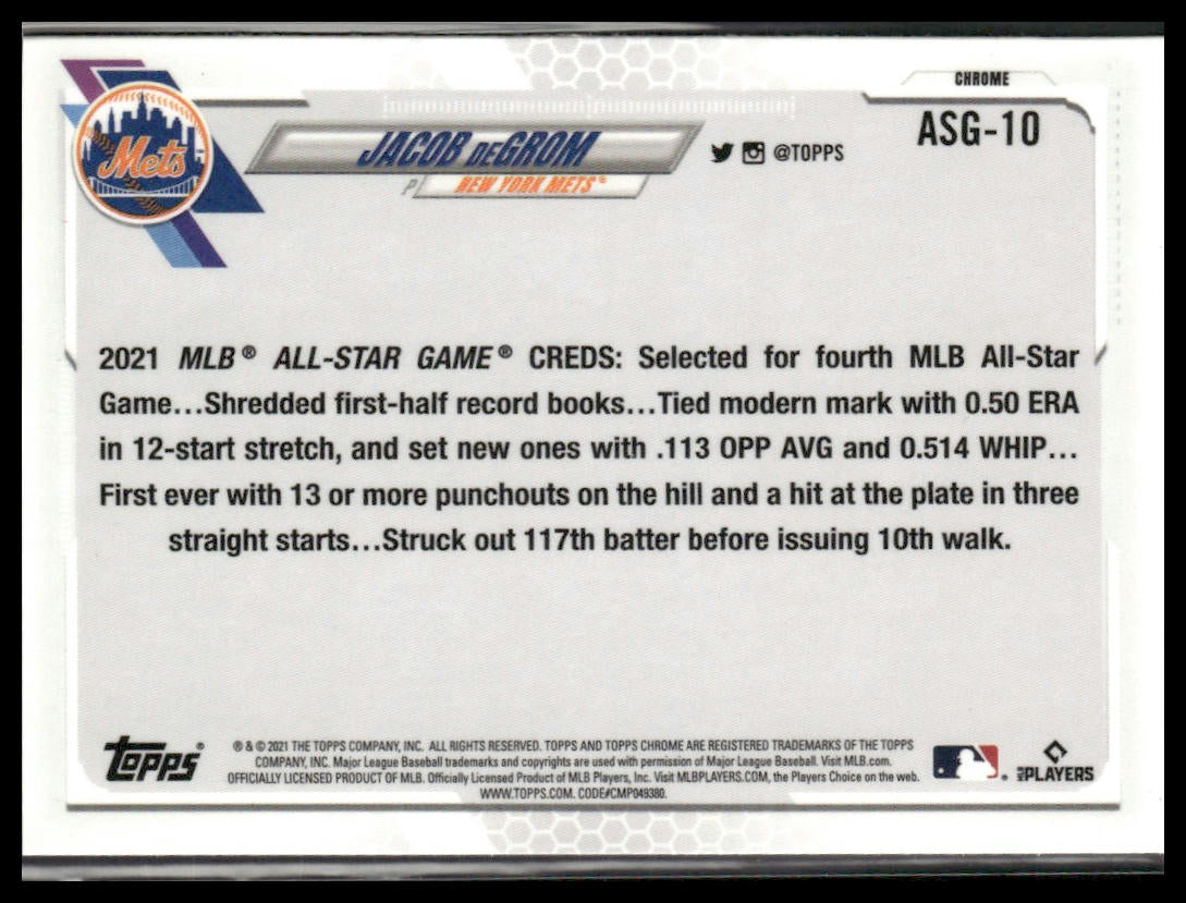 Jacob deGrom #ASG-10 2021 Topps Chrome Update 2021 All-Star Game New York Mets