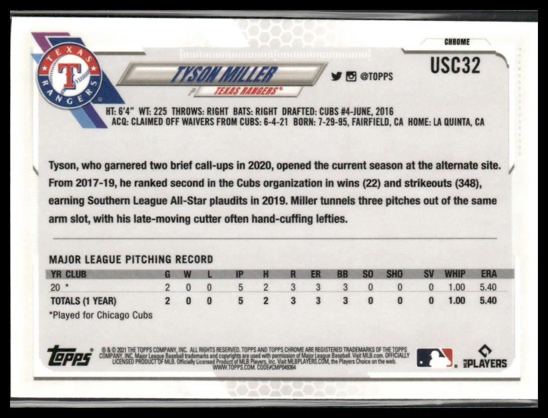 Tyson Miller #USC32 Rookie 2021 Topps Chrome Update Texas Rangers