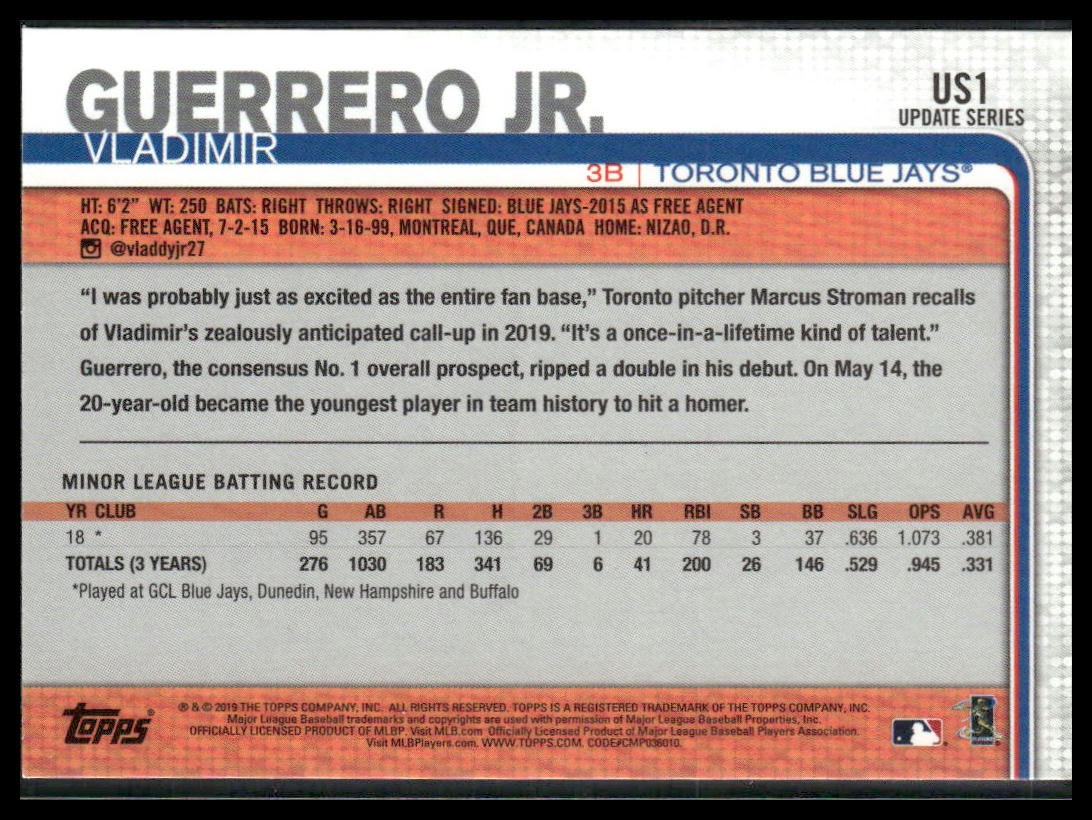 Vladimir Guerrero Jr. #US1 Rookie 2019 Topps Update Toronto Blue Jays
