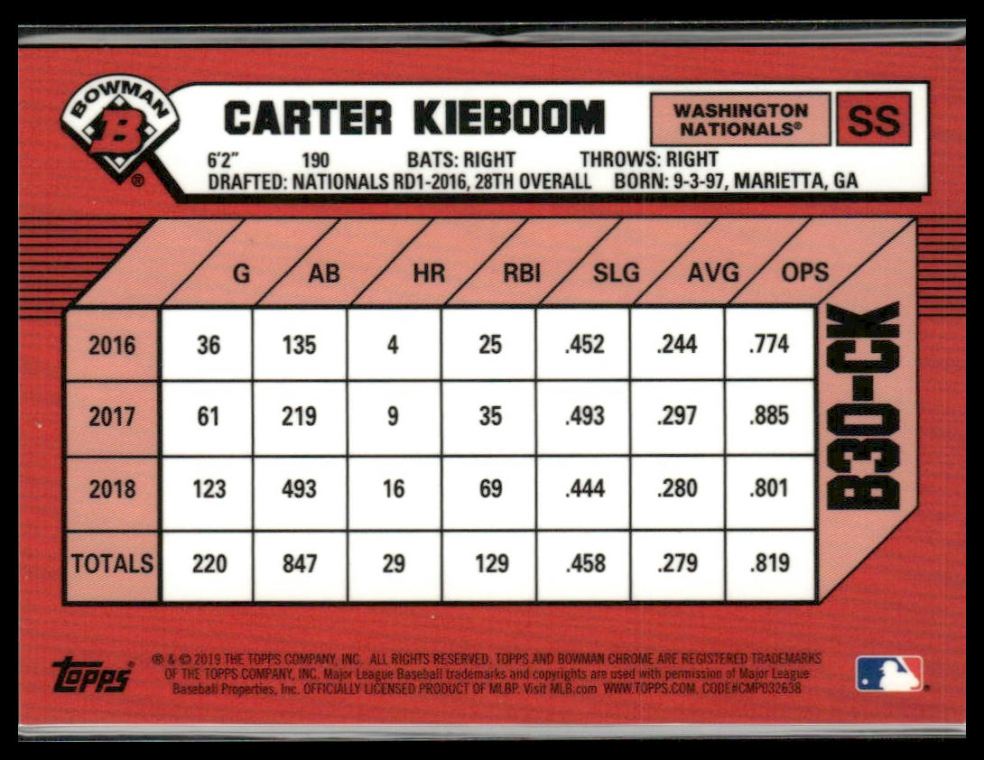 Carter Kieboom #B30-CK 2019 Bowman 30th Atomic #/150 Washington Nationals