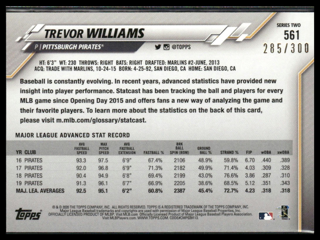 Trevor Williams #561 2020 Topps Advanced Stat #/300 Pittsburgh Pirates