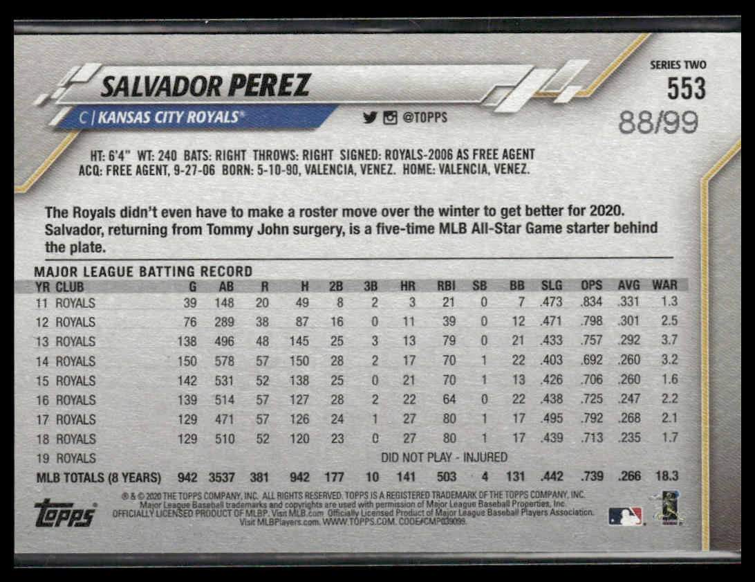 Salvador Perez #553 2020 Topps Vintage Stock #/99 Kansas City Royals