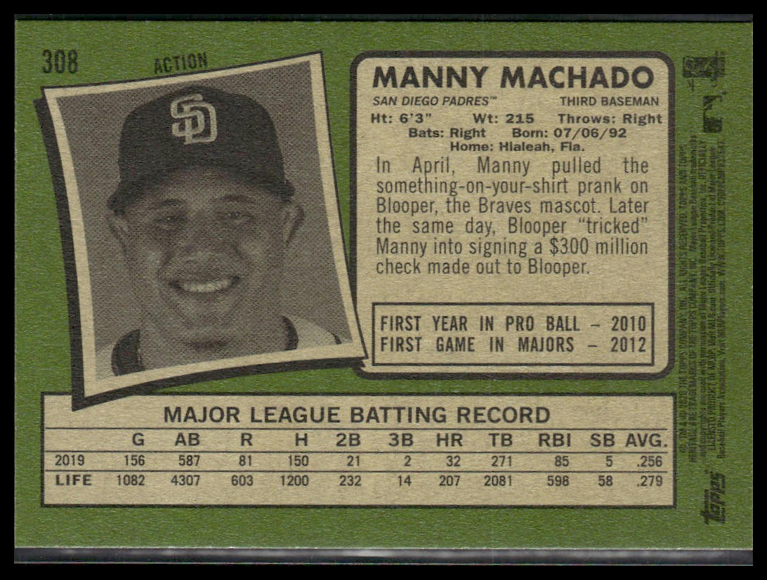 Manny Machado #308 2020 Topps Heritage San Diego Padres Action Image