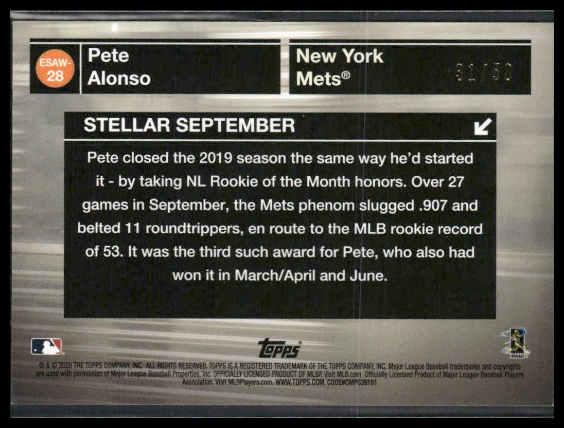 Pete Alonso #ESAW-28 2020 Topps Empire State Award Winners Gold #/50 Mets