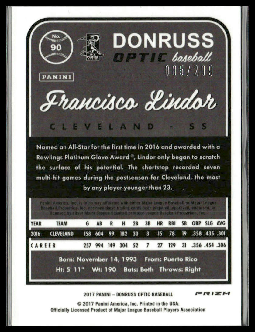 Francisco Lindor #90 2017 Donruss Optic Holo Cleveland Indians