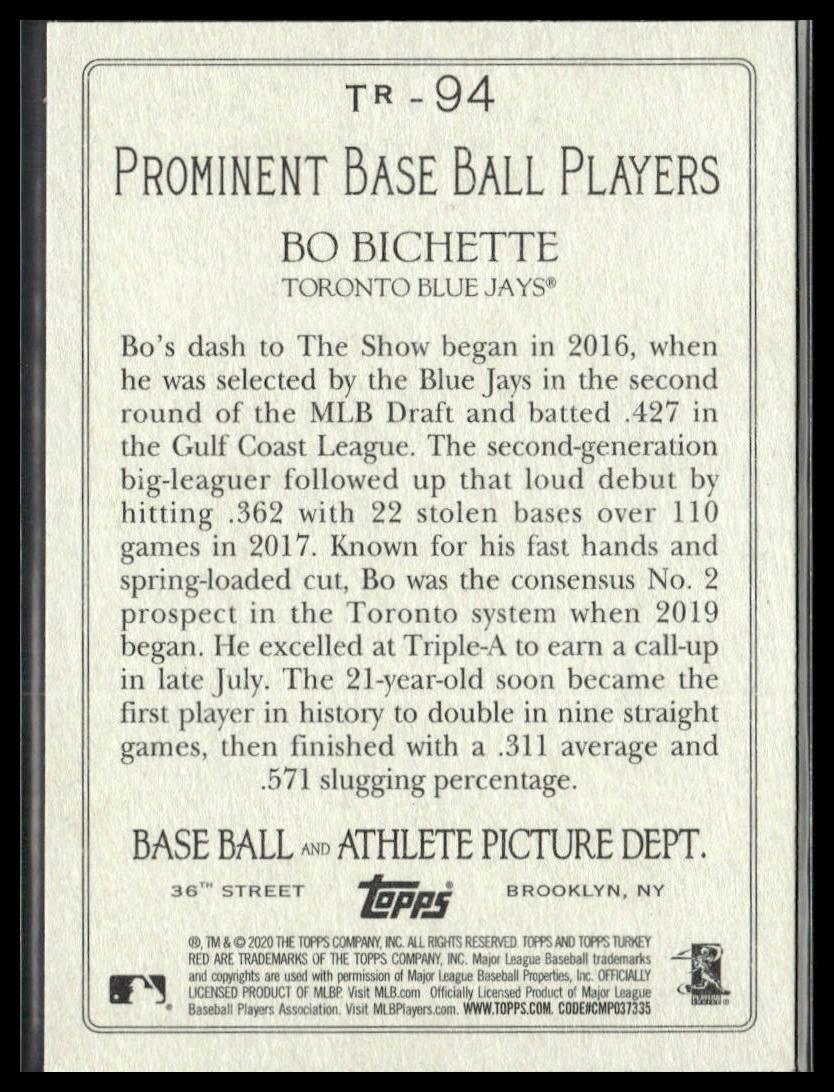 Bo Bichette #TR-94 2020 Topps Turkey Red 2020 Toronto Blue Jays