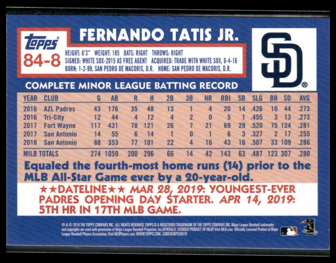 Fernando Tatis Jr. #84-8 Rookie 2019 Topps Update 1984 San Diego Padres