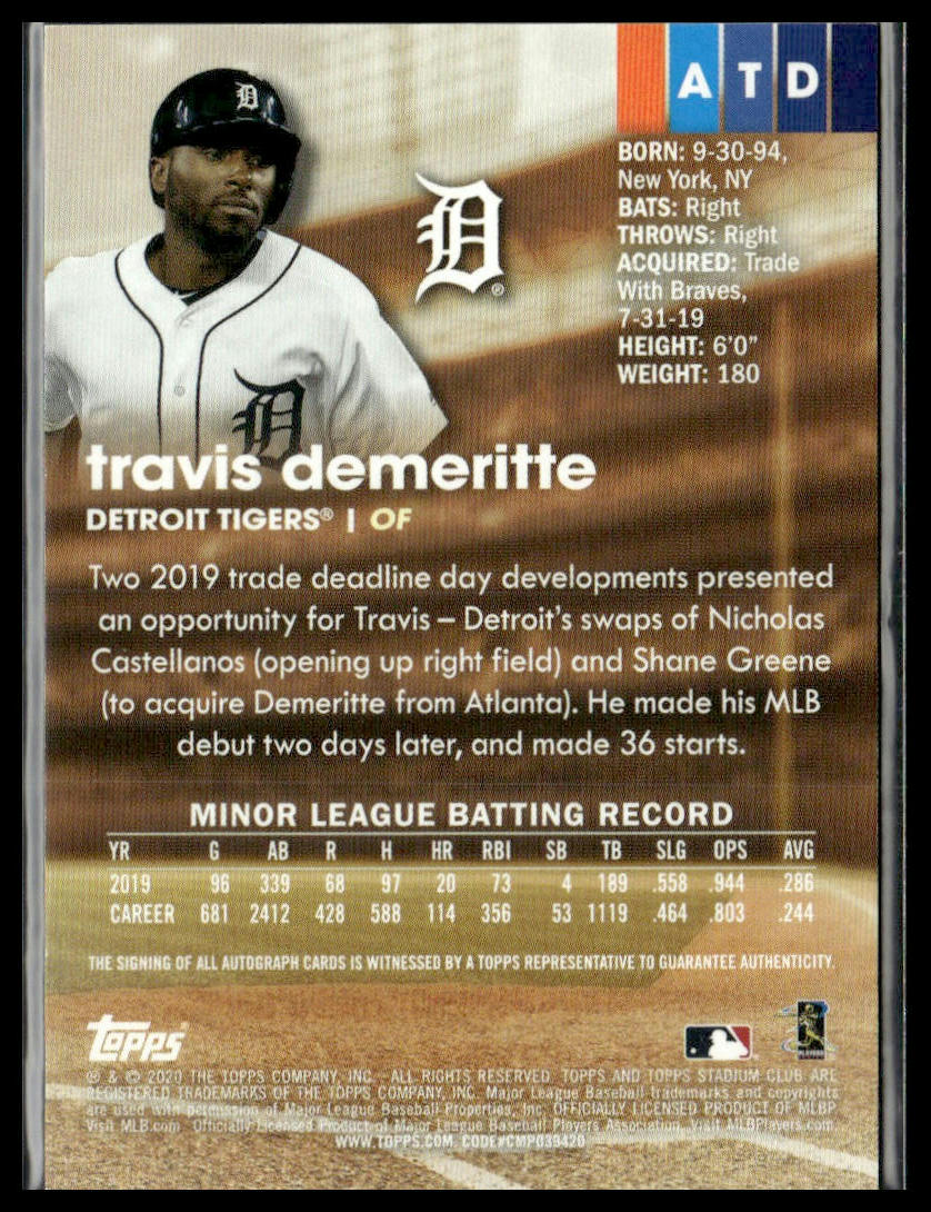 Travis Demeritte #ATD Rookie 2020 Stadium Club Autographs Detroit Tigers
