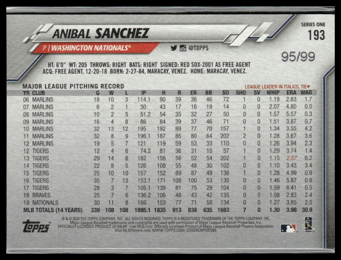Anibal Sanchez #193 2020 Topps Vintage Stock #/99 Washington Nationals