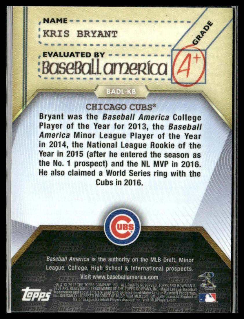 Kris Bryant #BADL-KB 2017 Bowman's Best Dean’s List Gold #/50 Chicago Cubs