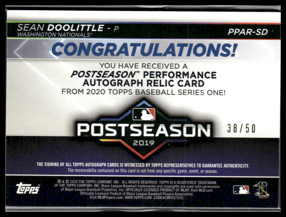 Sean Doolittle #PPAR-SD 2020 Topps Postseason Autograph #/50 Nationals