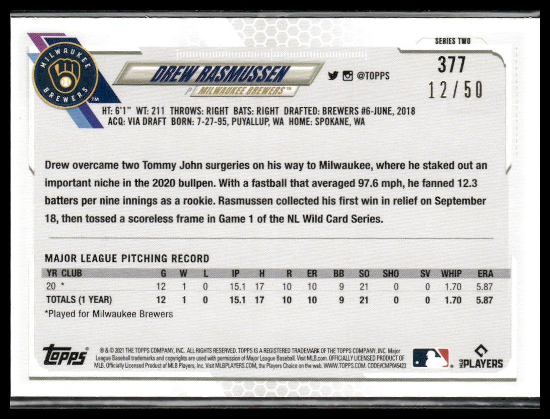 Drew Rasmussen #377 Rookie 2021 Topps Mother's Day Pink #/50 Milwaukee Brewers