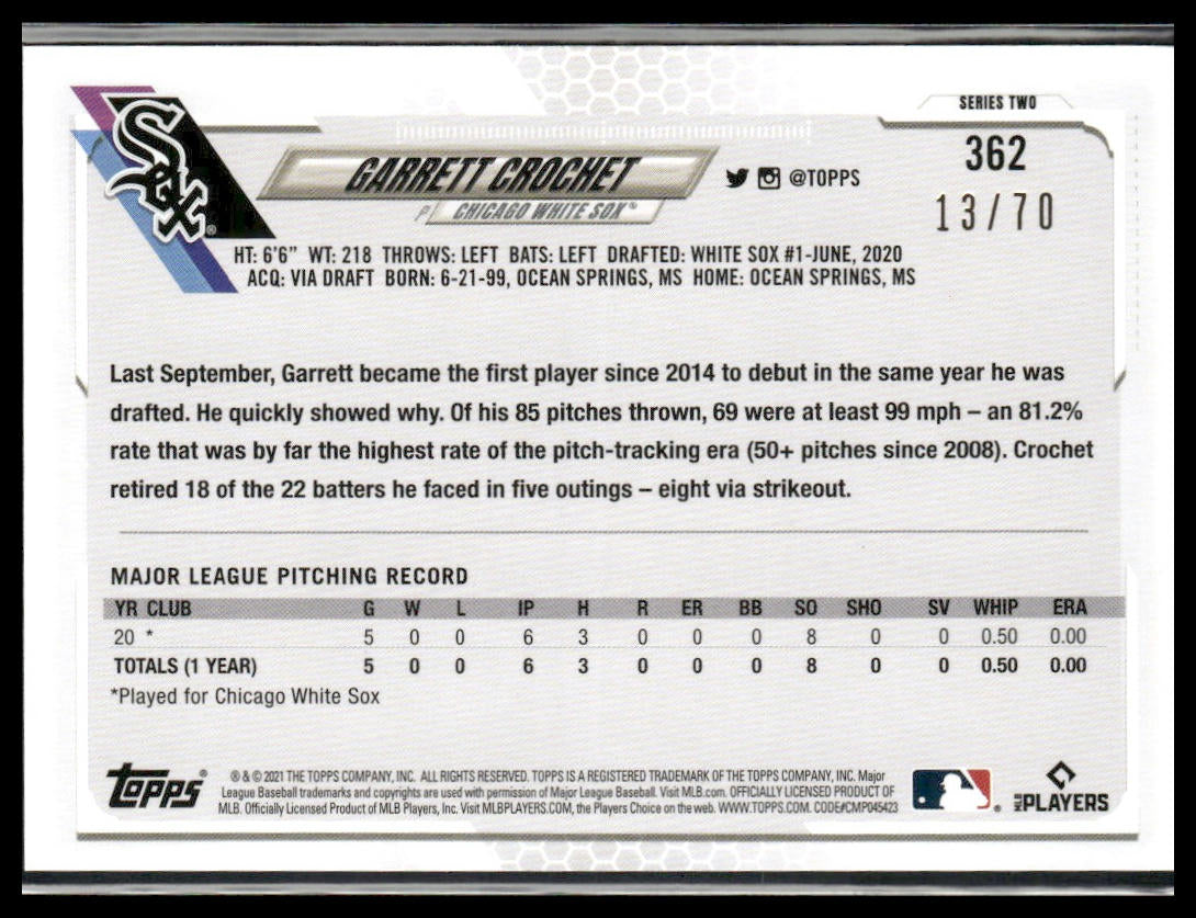 Garrett Crochet #362 2021 Topps 70th Anniversary Platinum #/70 Chicago White Sox