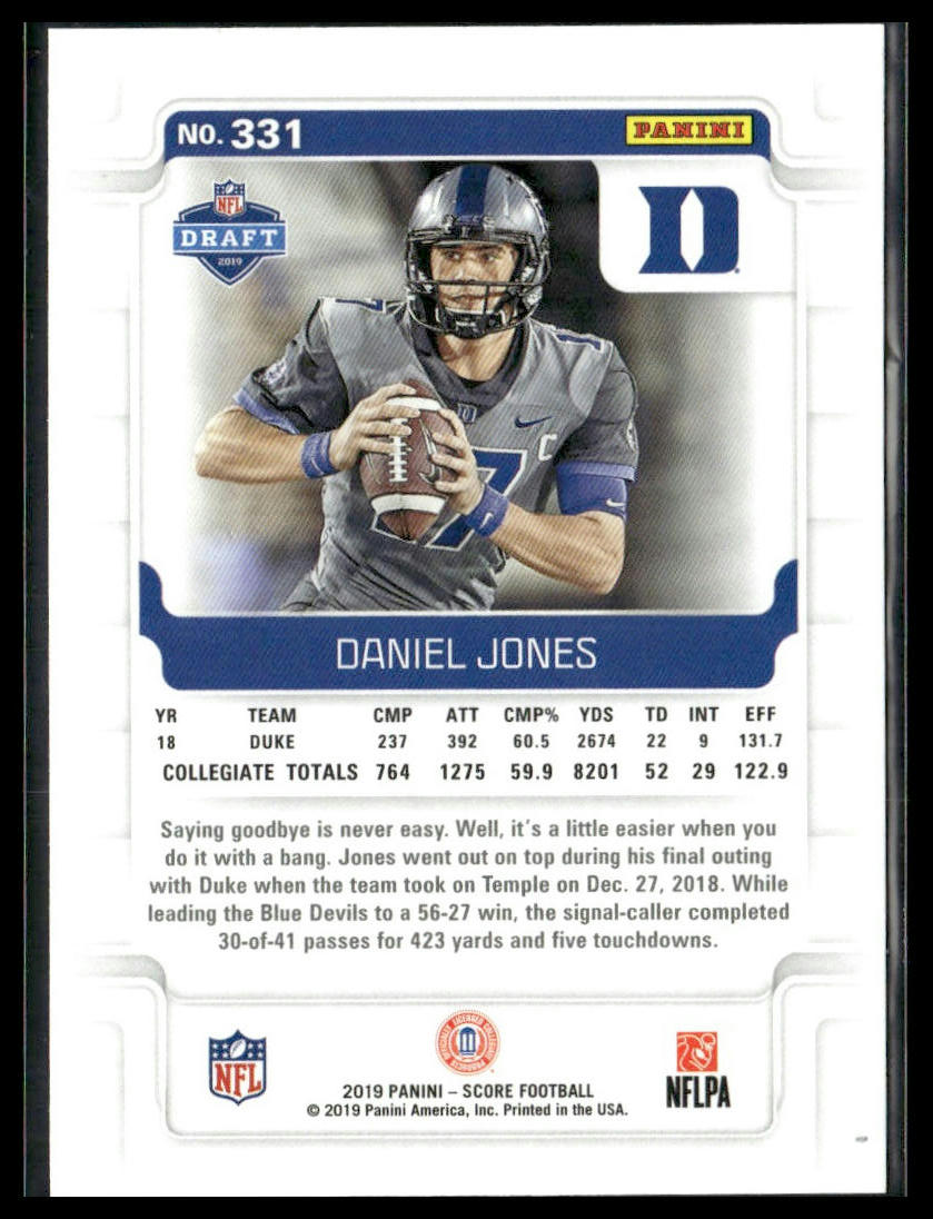 Daniel Jones #331 Rookie 2019 Score Duke Blue Devils