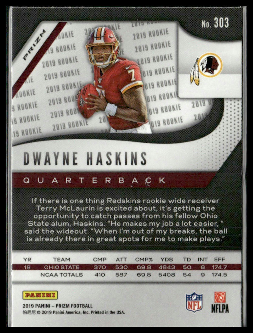 Dwayne Haskins #303 Rookie 2019 Panini Prizm Red White Blue Washington Redskins