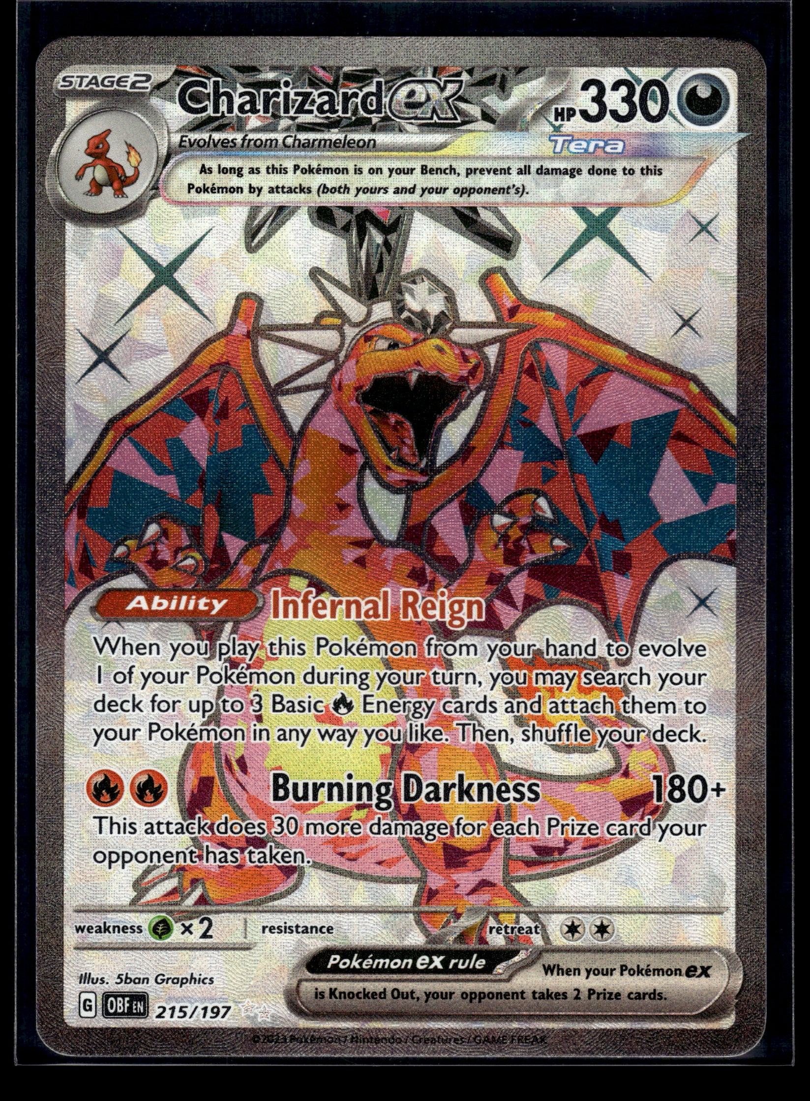 pokemon card 215 197 Charizard EX 215/197 Ultra Rare 2023 Pokemon Obsidian Flames Full Art Card  NM+