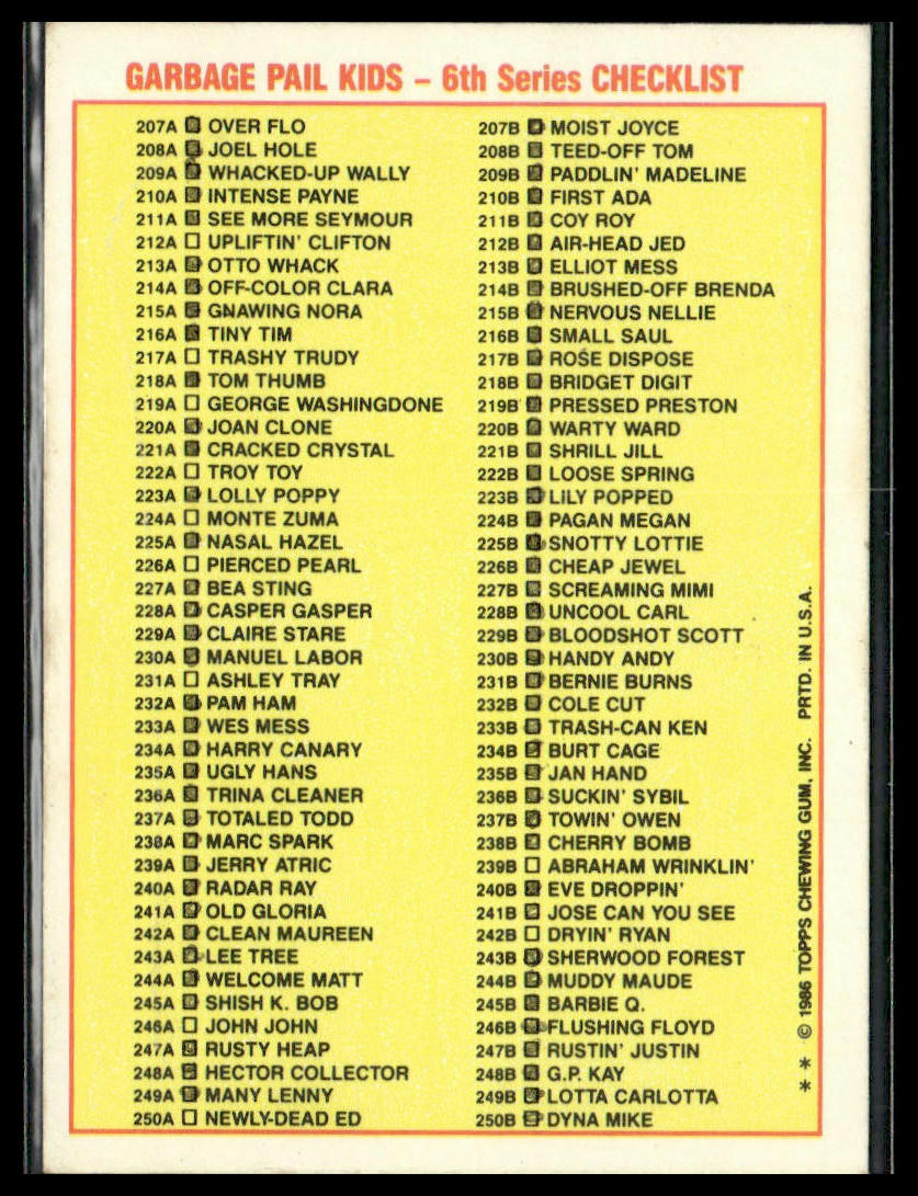 Pam Ham #232a CHECKLIST 1986 Topps Garbage Pail Kids Series 6