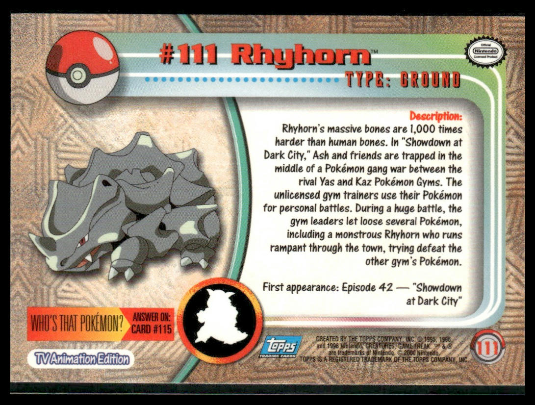 Rhyhorn #111 2000 Topps TV VLP