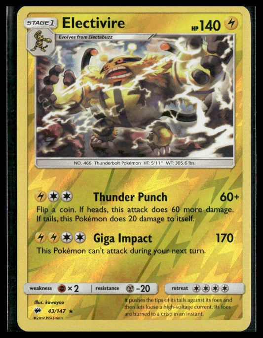 Electivire #43/147 Reverse Holo SM - Burning Shadows VLP