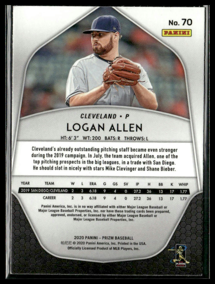 Logan Allen #70 Rookie 2020 Panini Prizm Cleveland Indians