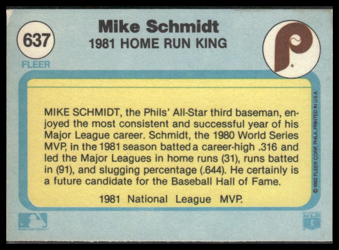 Mike Schmidt #637 1982 Fleer Philadelphia Phillies