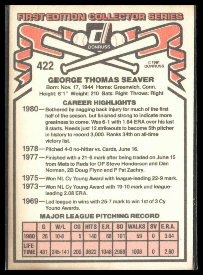 Tom Seaver #422 1981 Donruss Cincinnati Reds
